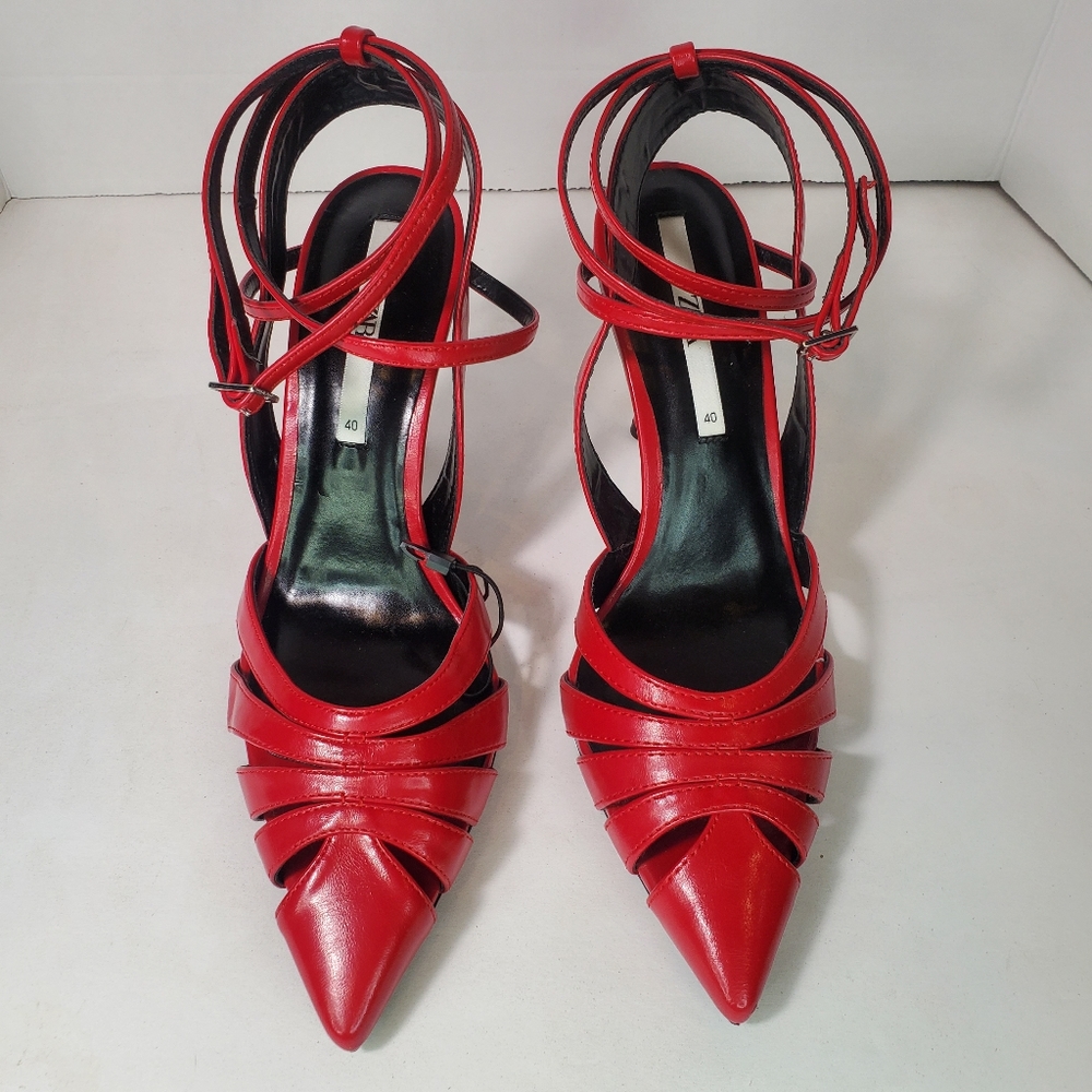 Zara Red Leather Strappy Ankle 4 Inch Heels